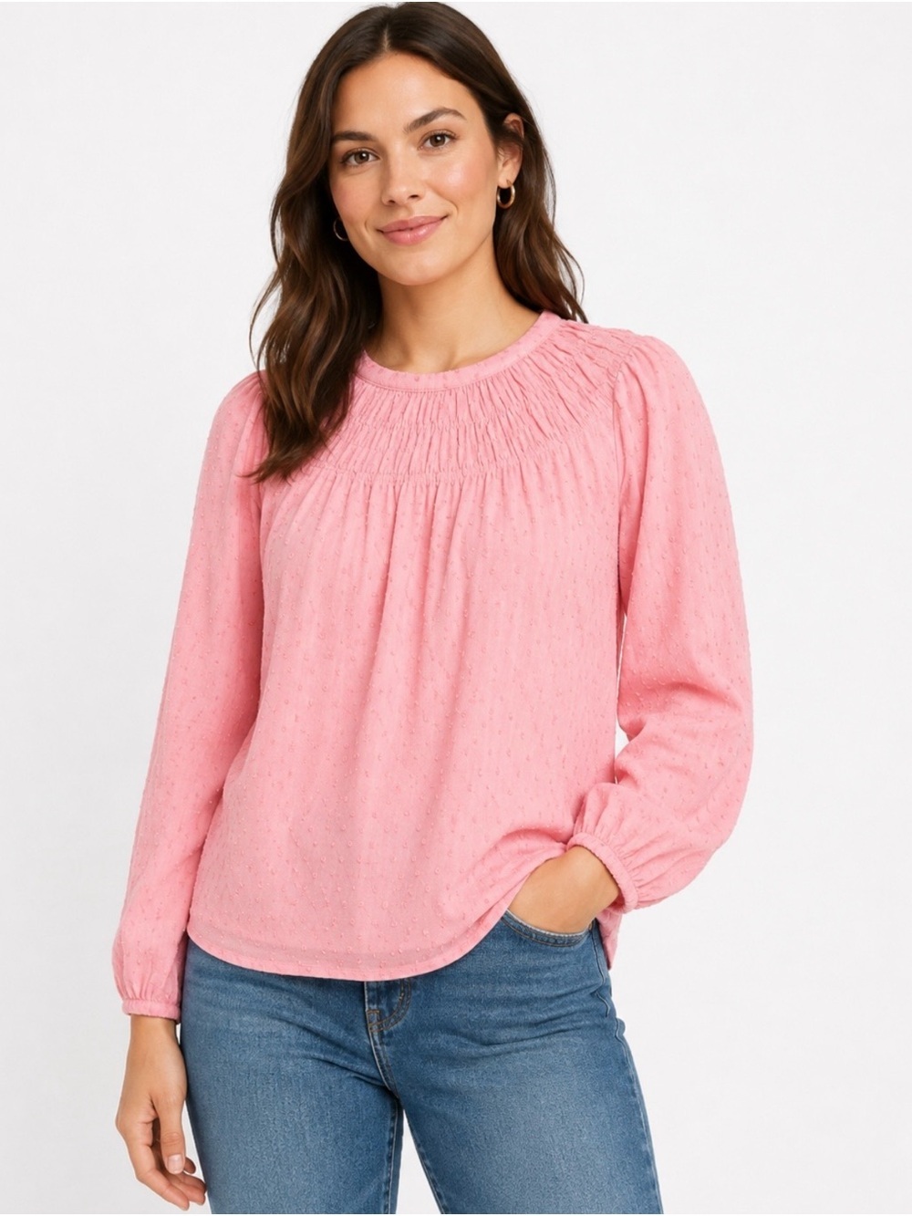 J. CREW | Pink Long-Sleeve Smocked Clip-Dot
Top in Pink Lemonade Sz. Small